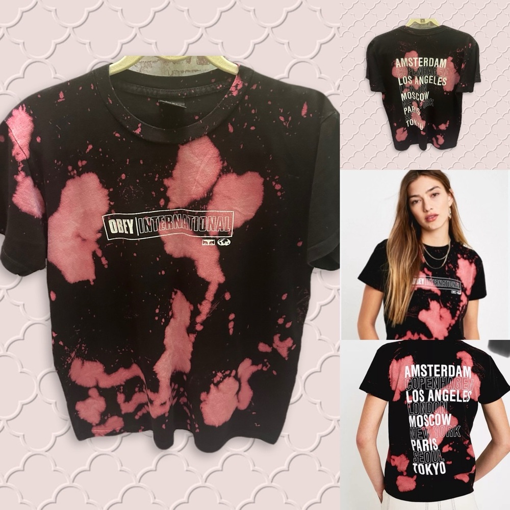 Obey Women’s Black and Pink Graphic Tee size M